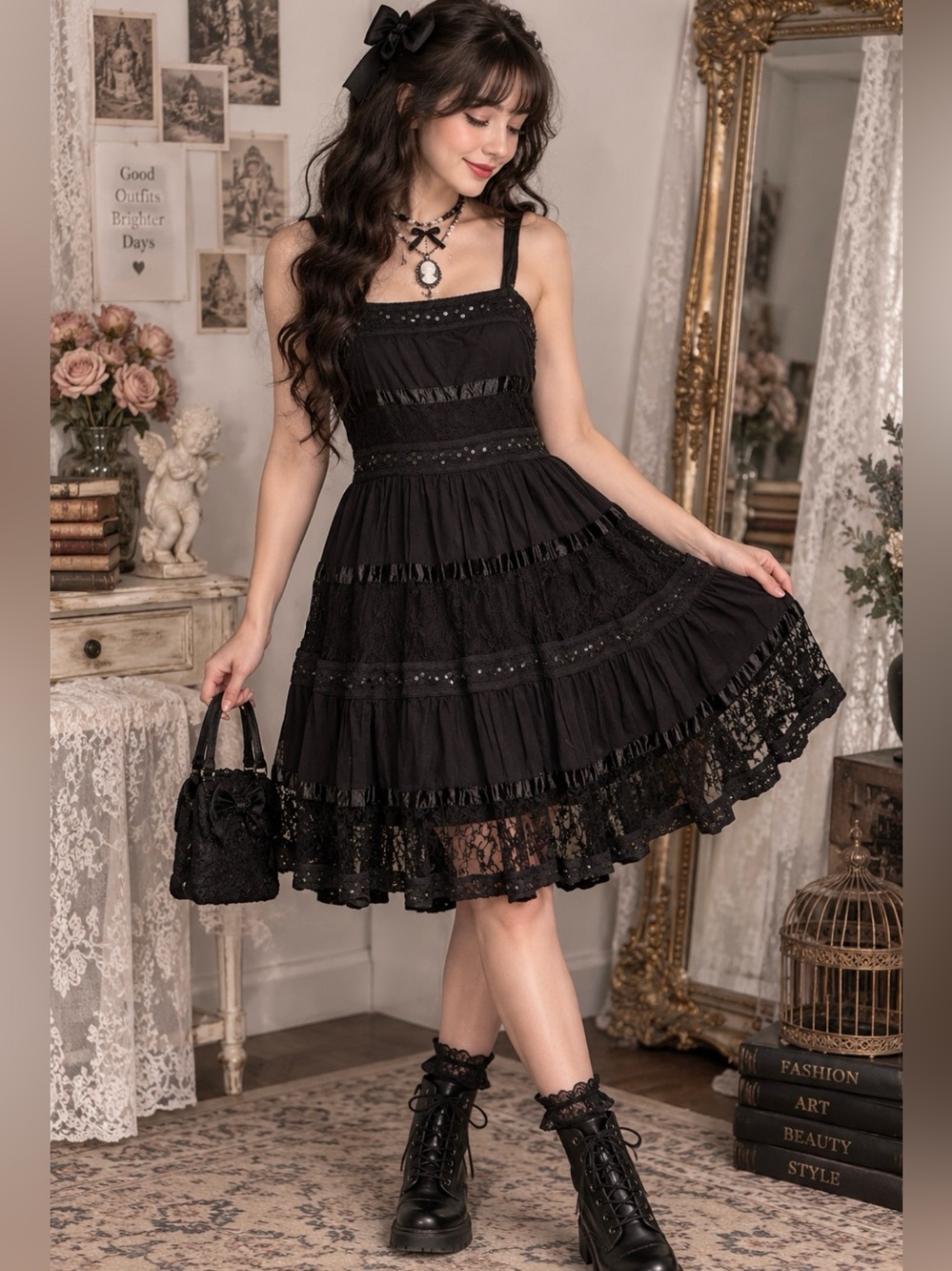 Soho Black Lace Tiered Dress Sequin Trim Goth Fairy Grunge Hem Issue Small